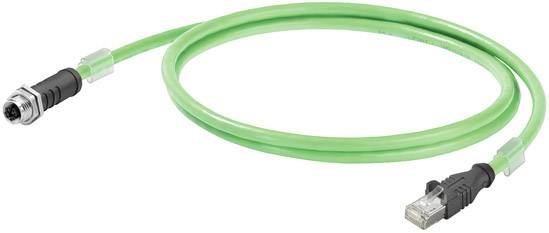 Ein grünes Ethernet-Kabel mit einem M12-Stecker auf der einen und einem RJ45-Stecker auf der anderen Seite.