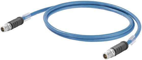 Ein blaues Koaxialkabel mit schwarzen und silbernen Steckern an beiden Enden, in einer Schleifenform angeordnet.