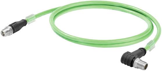 Grünes, gewinkeltes Ethernet-Kabel mit zwei Steckern, einem geraden und einem rechtwinkligen, zur Netzwerkverbindung.