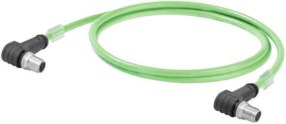 Grünes Verbindungskabel mit zwei schwarzen Steckern an den Enden, geeignet für industrielle Anwendungen.