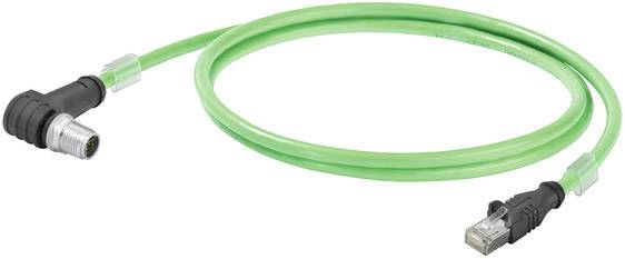 Ein grünes Ethernet-Kabel mit einem rechteckigen RJ45-Stecker und einem runden M12-Stecker an den Enden.