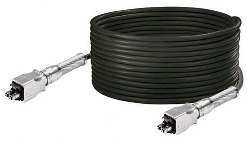 Ein langes, aufgerolltes schwarzes Kabel mit silbernen Steckverbindern an beiden Enden, geeignet für Hochleistungsverbindungen.