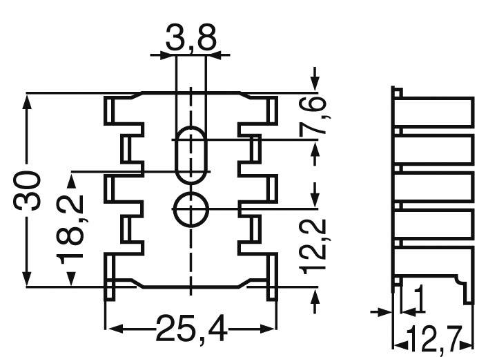 Technische Zeichnung eines Kühlkörpers mit Maßen: Höhe 30 mm, Breite 25,4 mm, Tiefe 12,7 mm und Lamellenabstände.
