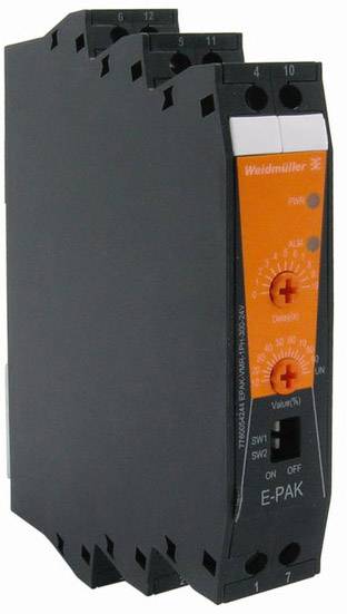 Ein elektronisches Modul von Weidmüller mit Regler und Schaltern. Hauptfarbe ist Schwarz mit einem orangefarbenen Abschnitt.