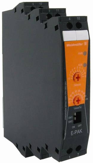 Ein schwarzes, rechteckiges elektronisches Gerät mit oranger Frontplatte, zwei Drehknöpfen und Schalter. Beschriftet mit 'Weidmüller'.