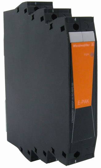 Schwarze Hutschienenmodul von Weidmüller, Modell 'E-PAK', mit orangem Etikett. Elektronisches Gerät zur Schaltschrankmontage.