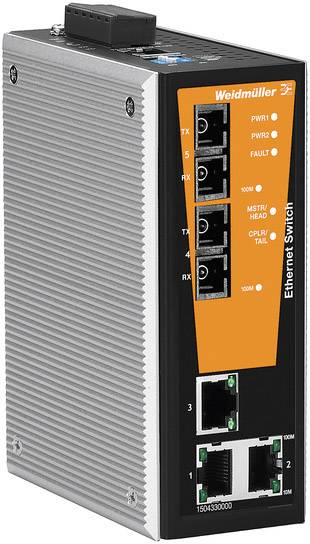 Industrieller Ethernet-Switch von Weidmüller mit mehreren Ethernet-Ports. Silbernes Gehäuse mit orangener Frontplatte.