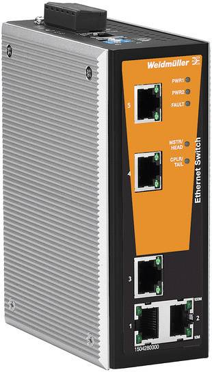 Industrieller Ethernet-Switch von Weidmüller mit mehreren LAN-Anschlüssen und Statusanzeigen, geeignet für Netzwerkanwendungen.