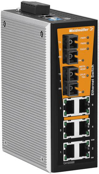 Industrie-Ethernet-Switch von Weidmüller mit acht Ports, geeignet für DIN-Schienenmontage in robustem Aluminiumgehäuse.