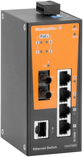 Ein industrieller Ethernet-Switch von Weidmüller mit fünf LAN-Anschlüssen, einem Glasfaseranschluss und LEDs zur Statusanzeige.