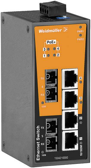 Ein Ethernet-Switch von Weidmüller mit fünf Ports und Statusanzeige-LEDs, geeignet für industrielle Netzwerkverbindungen und PoE+-Unterstützung.