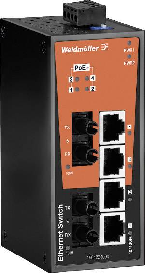 Ethernet-Switch von Weidmüller mit vier Ethernet-Anschlüssen, Power-over-Ethernet (PoE) Unterstützung, LEDs und Modellnummer.