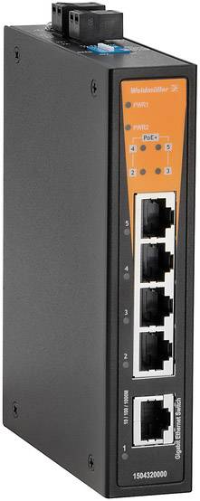 Industrieller Ethernet-Switch mit fünf Ports für Netzwerkverbindungen. Unterstützt Power over Ethernet (PoE). Ideal für robuste Anwendungen.