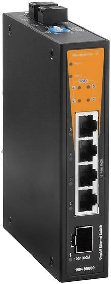 Ein schwarzer Gigabit-Ethernet-Switch mit vier Ethernet-Ports und einem SFP-Port. Orangefarbene Beschriftung: 'WideRail 3P'.