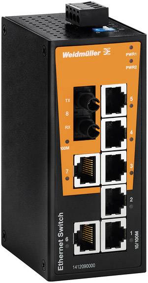 Ein Weidmüller Ethernet-Switch mit mehreren RJ45-Ports und zwei SFP-Modulen. Vorderseite zeigt Status-LEDs und Anschlüsse.