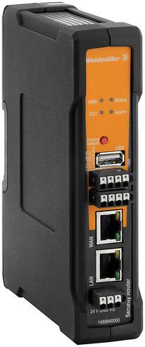 Industrierouter in Schwarz und Orange mit mehreren Anschlüssen, darunter LAN und USB. Markenname sichtbar.