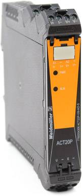 Elektronisches Gerät mit oranger Frontbeschriftung 'Weidmüller ACT20P'. Zwei rote Anzeigen: 'PWR' und 'ALM'. Verwandelt USB in Busspannung.