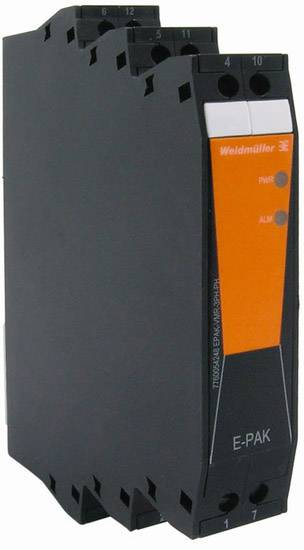 Ein schwarzes elektronisches Weidmüller E-PAK Gerät mit orangefarbenem Bereich und Leuchtanzeigen, zur Schaltschrankmontage geeignet.