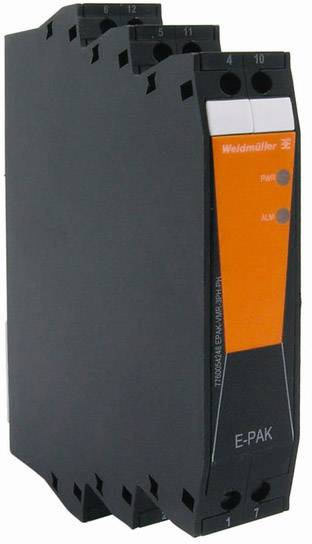 Schwarzes Elektronikmodul von Weidmüller mit orangefarbener Vorderseite, zeigt Status-LEDs und ist für industrielle Anwendungen konzipiert.