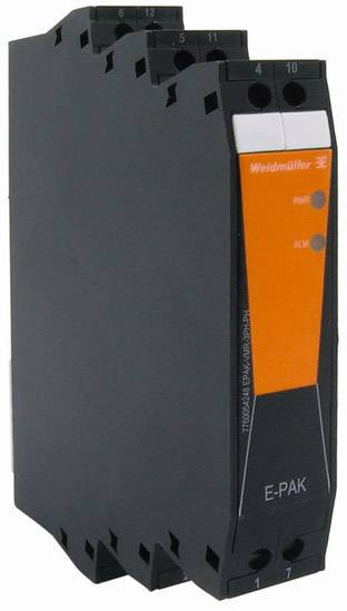 Ein schwarzes elektrisches Relaisgerät mit einer orangefarbenen Frontplatte, auf der 'Weidmüller E-PAK' steht. LED-Anzeigen für Power und Alarm sind sichtbar.