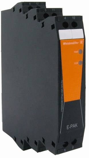 Elektronisches Bauteil mit schwarz-orangenem Gehäuse, zwei LED-Anzeigen auf der Vorderseite. Herstellername 'Weidmüller' sichtbar.