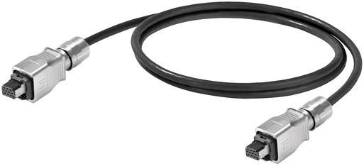 Ein schwarzes Kabel mit silbernen Steckern an beiden Enden, verwendet für industrielle Verbindungen.