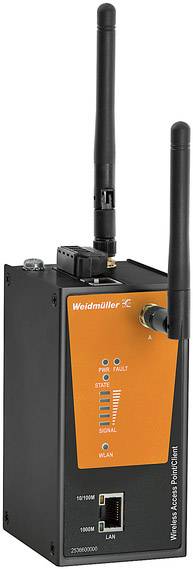 Ein Weidmüller-IoT-Gerät mit zwei Antennen, LED-Anzeigen für 'Power' und 'Signal', sowie LAN-Anschluss.