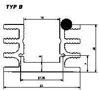 'Typ B' technisches Diagramm: Querprofil eines Bauteils mit markierten Maßen und Gewindestrukturen, eine schwarze Markierung oben rechts.