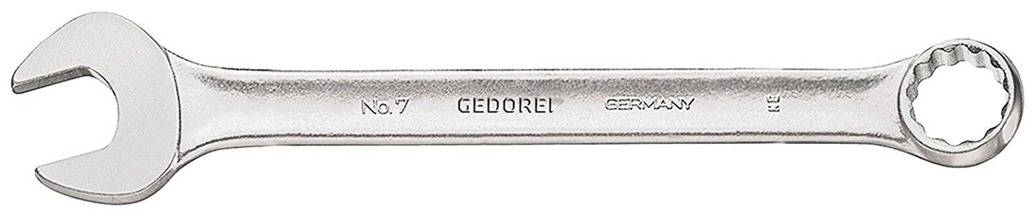 Ein silberner Schraubenschlüssel mit offenen und Ringenden. Markierungen: 'GEDORE No. 7 GERMANY'. Hauptsächlich für Schrauben geeignet.
