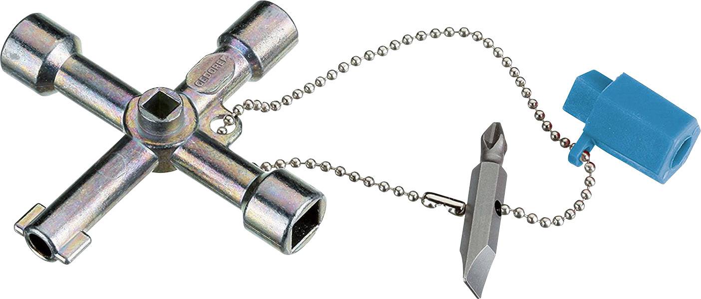 Ein Vierkantschlüssel mit Kette und blauem Kunststoffteil. Dient als Multifunktionswerkzeug mit verschiedenen Schlüsselgrößen und Schraubenzieheraufsatz.