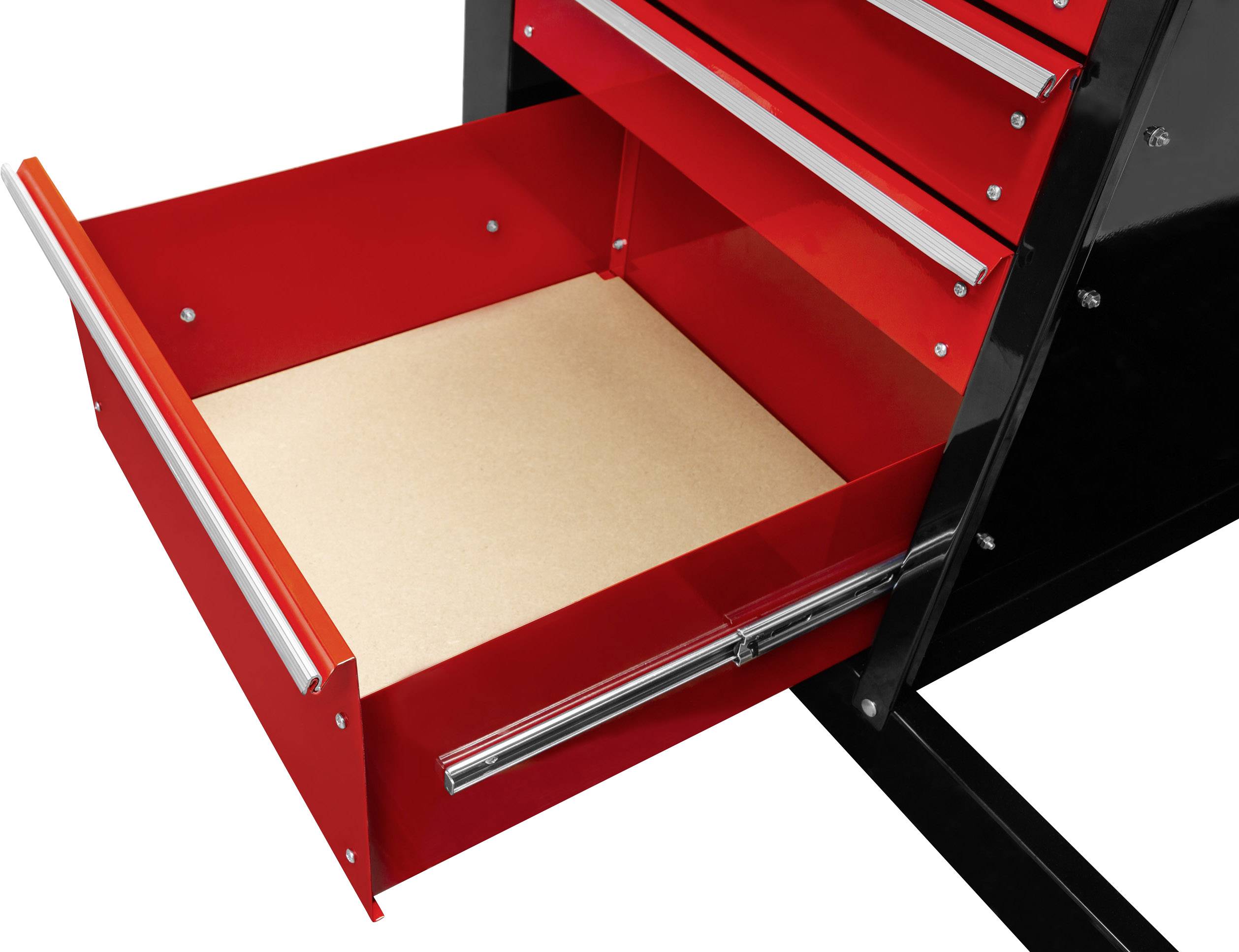 Roter Werkzeugschrank mit geöffneter Schublade, die leer ist. Der Schrank hat mehrere Schubladen und ist aus Metall gefertigt.