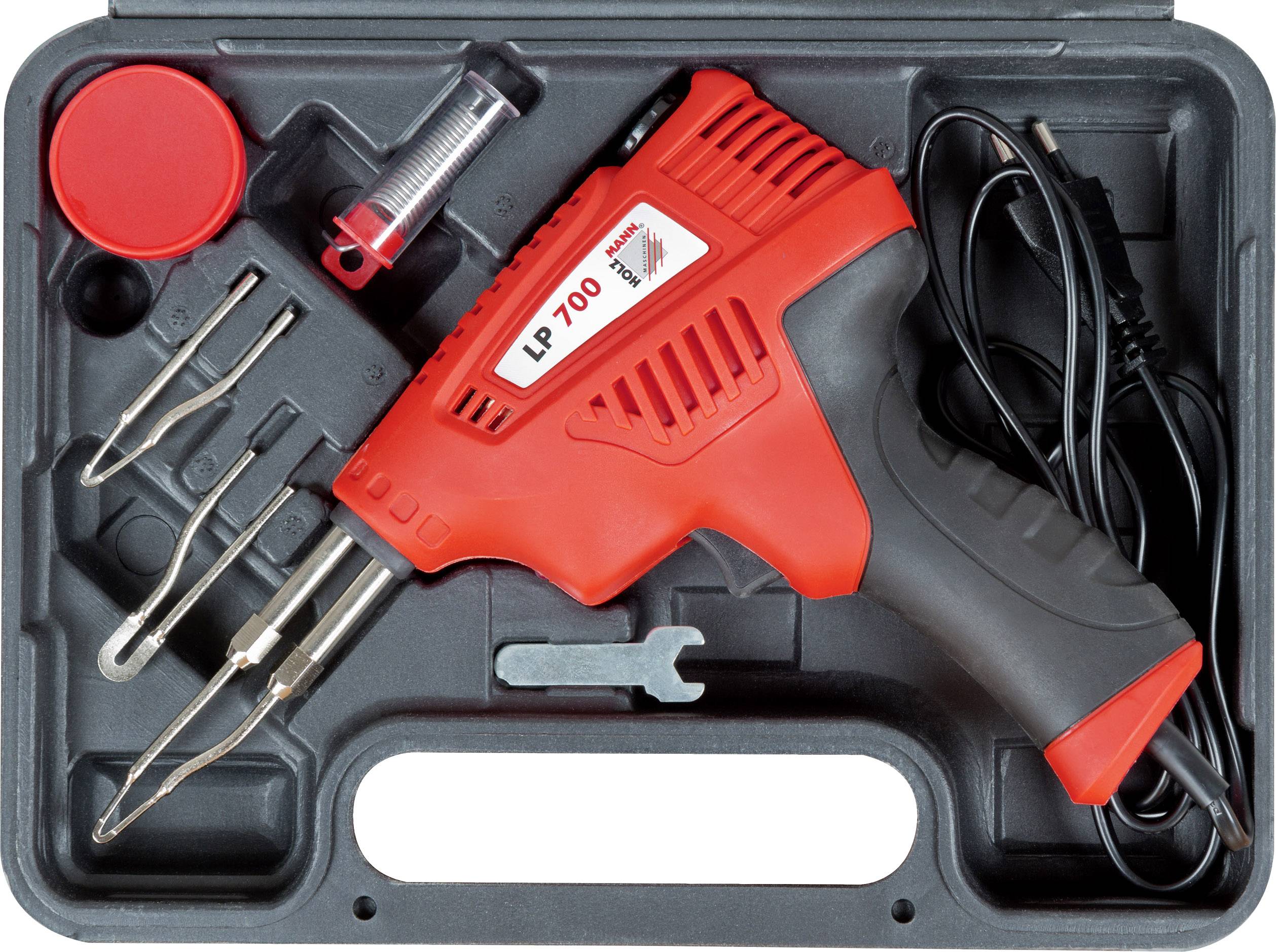 Elektrischer Lötkolben im Koffer, inklusive Zubehör wie Lötspitzen, Lötzinn und Ablage. Geeignet für Elektronikreparaturen.