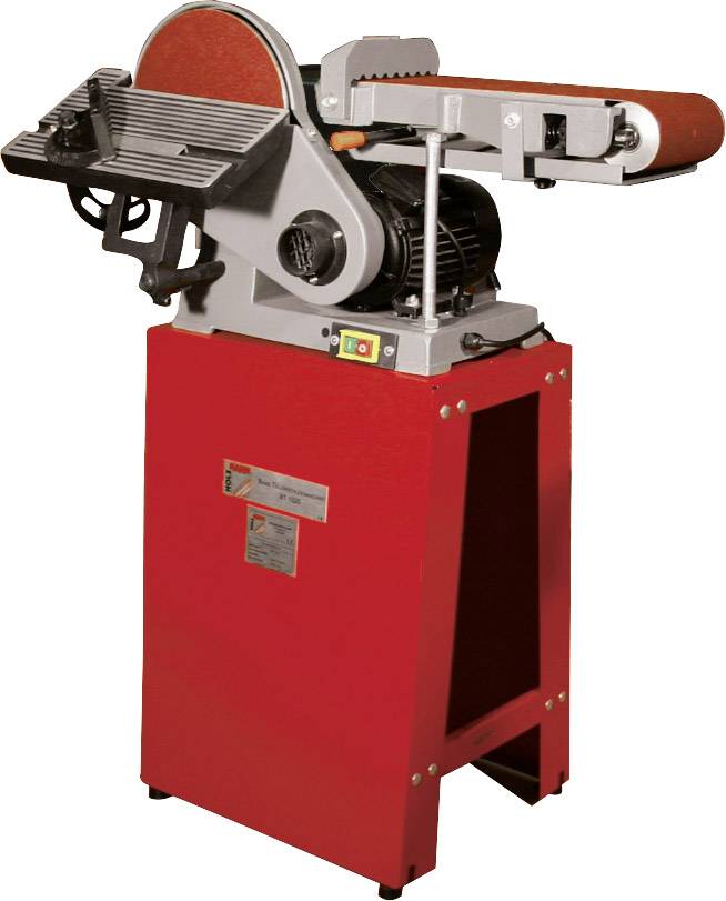 Rote Bandschleifmaschine mit rundem Schleifteller und vertikalen Schleifbändern auf einem stabilen Metallgestell.