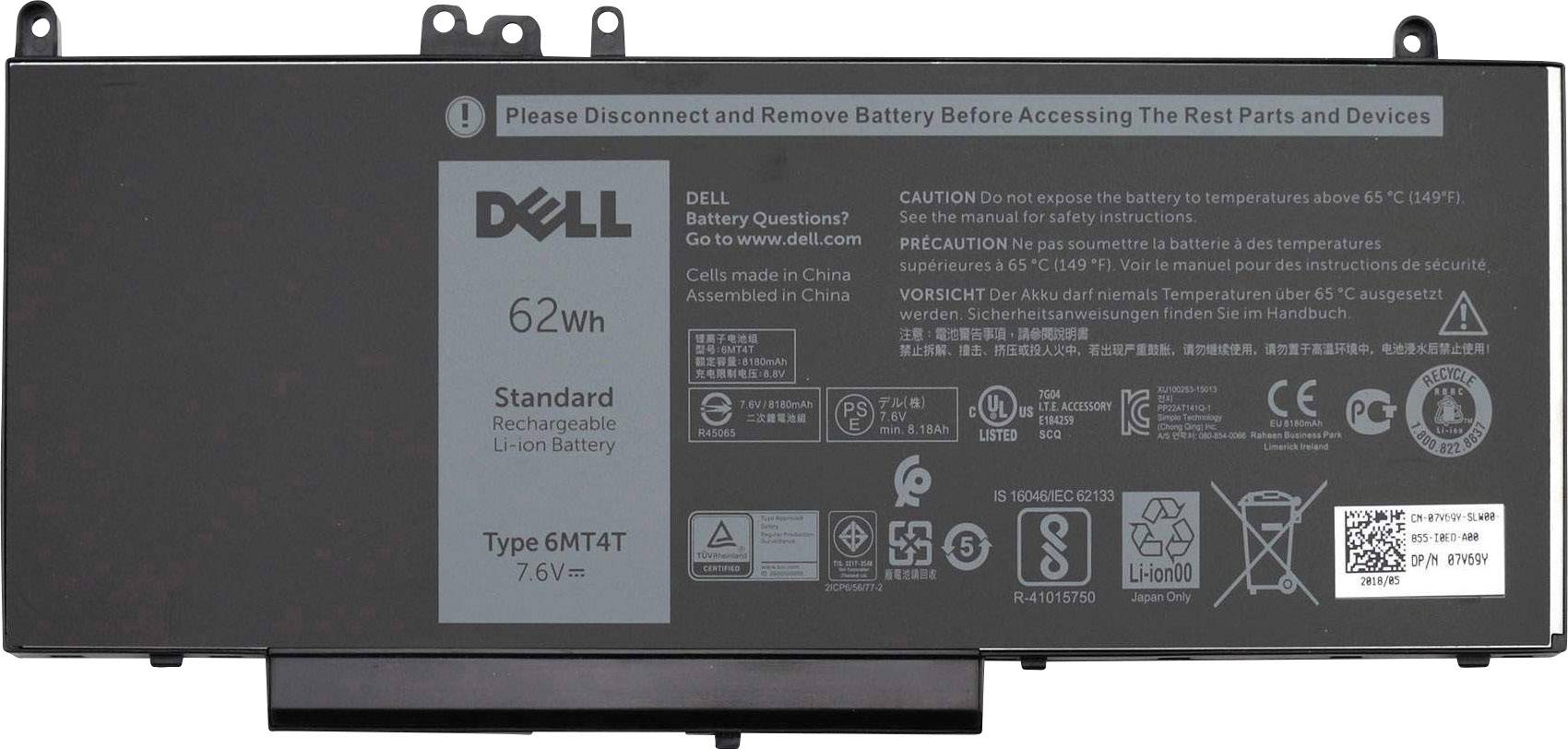 Dell-Akku, 62Wh, wiederaufladbar, Li-Ionen, Typ 6MT4T, 7,6V. Etikett mit Sicherheitshinweisen und Herstellungsstandort China.