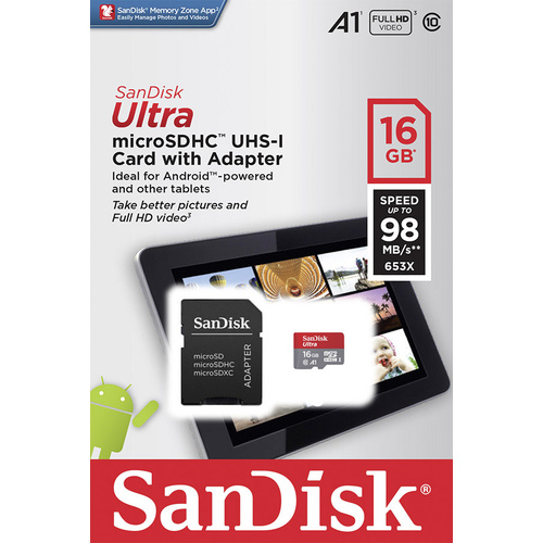 SanDisk Ultra™ Tablet microSDHC-Karte 16 GB Class 10, UHS-Class 1, UHS-I inkl. SD-Adapter, A1-Leist