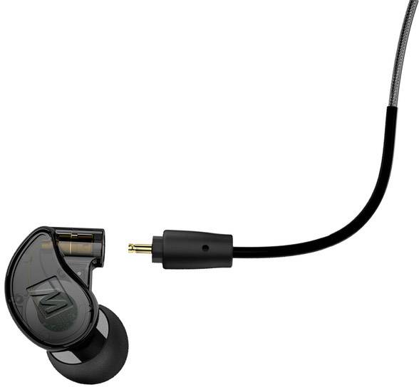 Schwarzer In-Ear-Kopfhörer und abnehmbares Kabel.