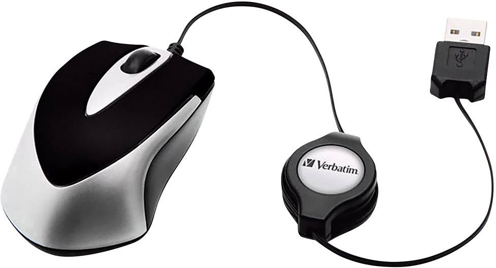 Verbatim Go Mini Maus USB Optisch Schwarz, Metallic 3 Tasten 1000 dpi mit Kabelroller