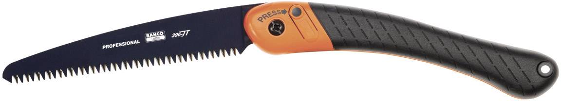 Eine Handsäge mit einer schwarzen, gebogenen Klinge und einem schwarz-orangefarbenen Griff, geeignet für Holzarbeiten.