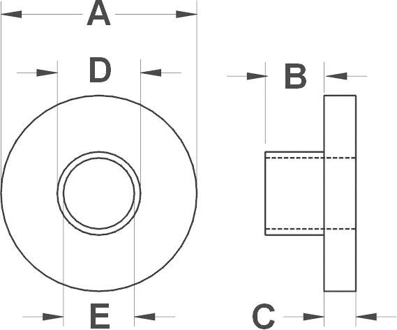 Technische Zeichnung eines Zylinders mit Maßen A bis E. Vorder- und Seitenansicht zeigen Durchmesser und Länge der Bauteile.