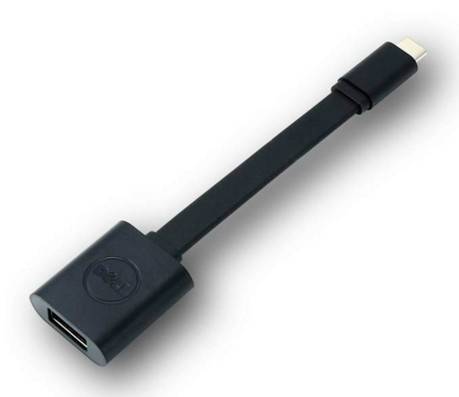 Schwarzer USB-C-zu-USB-A-Adapter von Dell, kompakt und tragbar, zum Verbinden von Geräten mit unterschiedlichen USB-Anschlüssen.