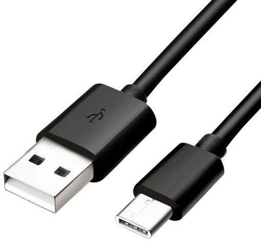 Ein schwarzes USB-Kabel mit einem USB-A-Anschluss auf der einen Seite und einem USB-C-Anschluss auf der anderen Seite.