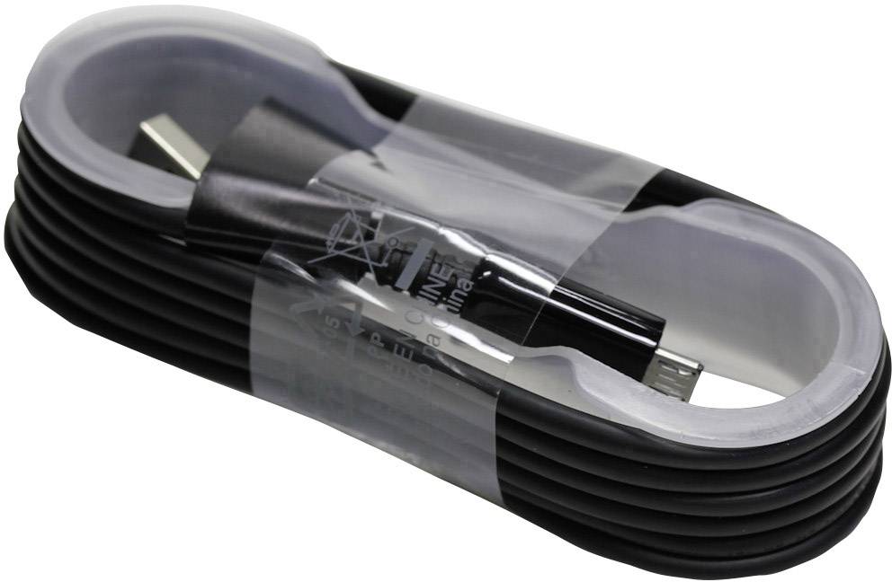 Ein eingewickeltes, schwarzes USB-Kabel mit einem Flachstecker, bereit für den Gebrauch.