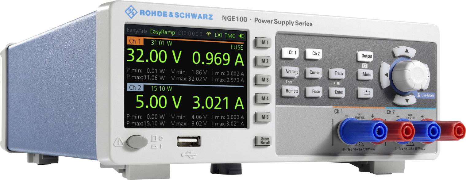 Elektronisches Labornetzgerät mit Anzeige von Spannungs- und Stromstärke für zwei Kanäle: 32.0 V, 0.969 A; 5.0 V, 3.021 A.