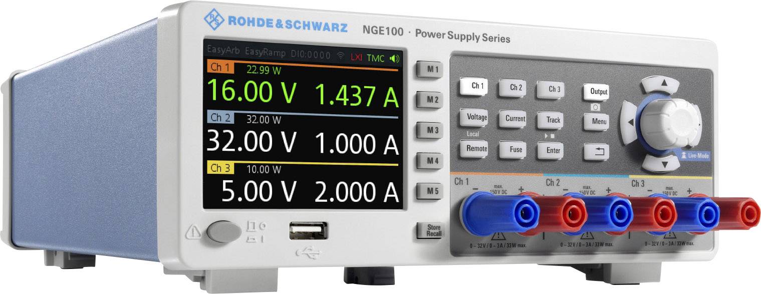 Ein digitales Labornetzgerät mit drei Kanälen zeigt Spannungen von 16,00 V, 32,00 V und 5,00 V sowie Ströme von 1,437 A, 1,000 A und 1,000 A.