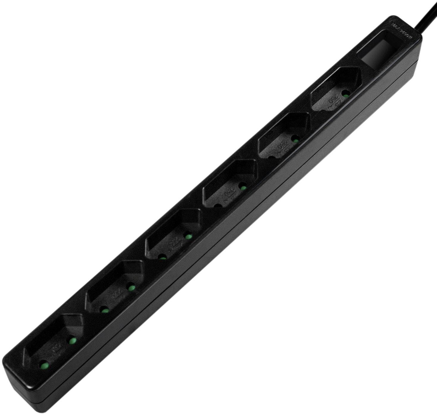 Eine schwarze Steckdosenleiste mit sechs Steckplätzen und einem Ein-/Ausschalter, geeignet zum Anschluss mehrerer elektrischer Geräte.