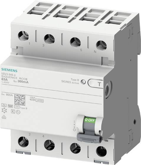 Ein vierpoliger FI-Schutzschalter der Marke Siemens, Modell 63A/300mA, zur Verhinderung von Stromschlägen durch Unterbrechung des Stromkreises.