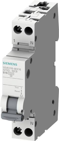 Ein Siemens Brandschutzschalter mit der Aufschrift 'AFDD+MCB B16'. Er verfügt über Test- und Reset-Tasten, geeignet für Elektroinstallationen.