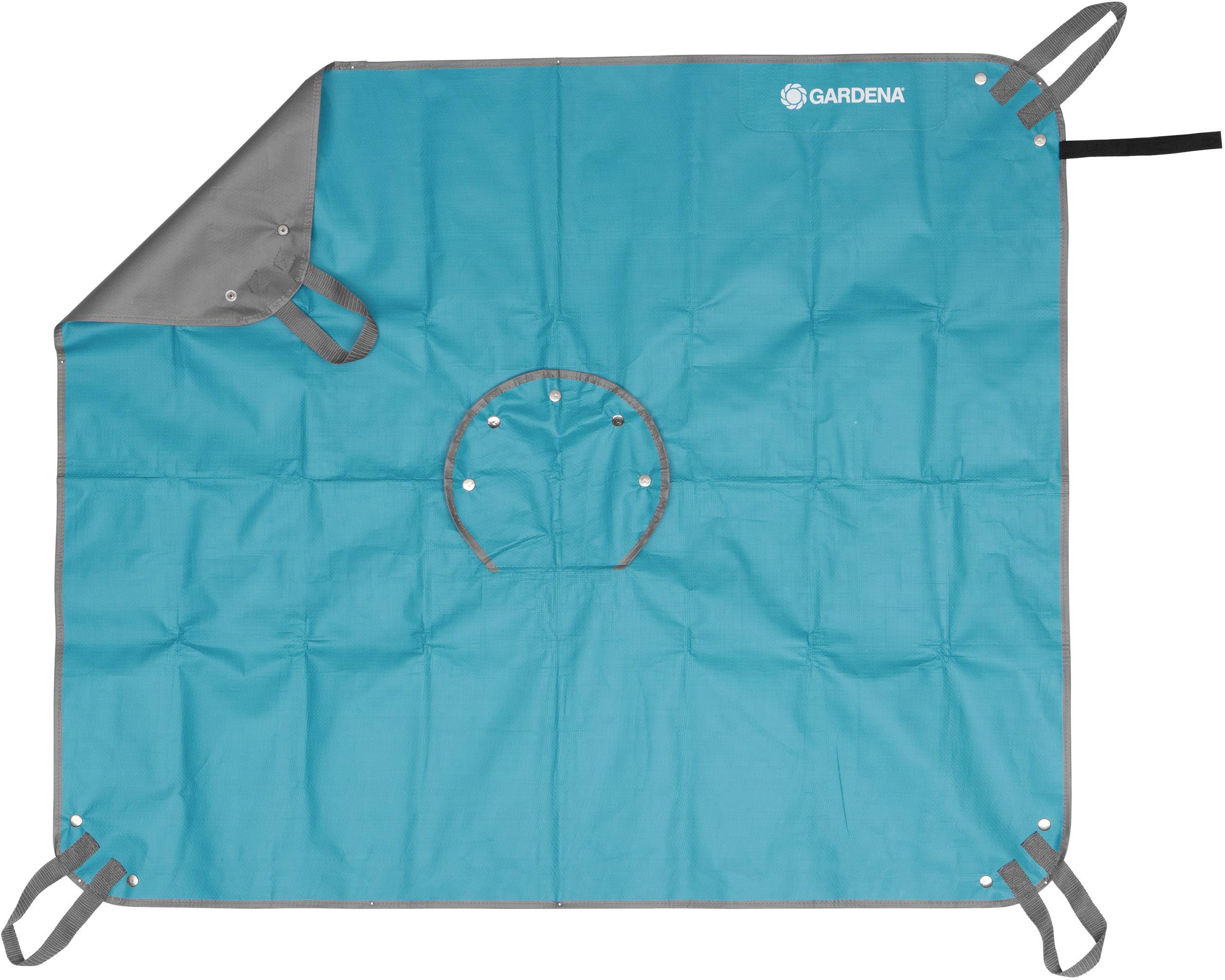 Blauer, quadratischer Gartensack mit verstärkten Ecken und Griffen, ausgebreitet auf dem Boden. Gedacht für Gartenarbeiten.
