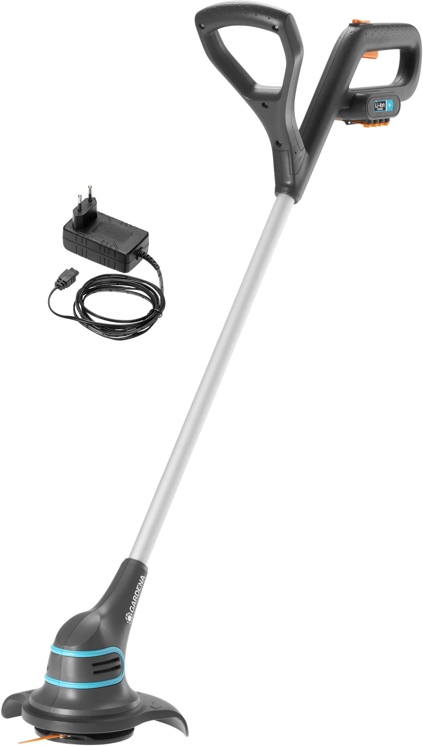 Ein kabelloser Rasentrimmer mit Ladegerät, ergonomischem Griff und schlankem Schaft, ideal für präzises Schneiden von Rasenkanten.