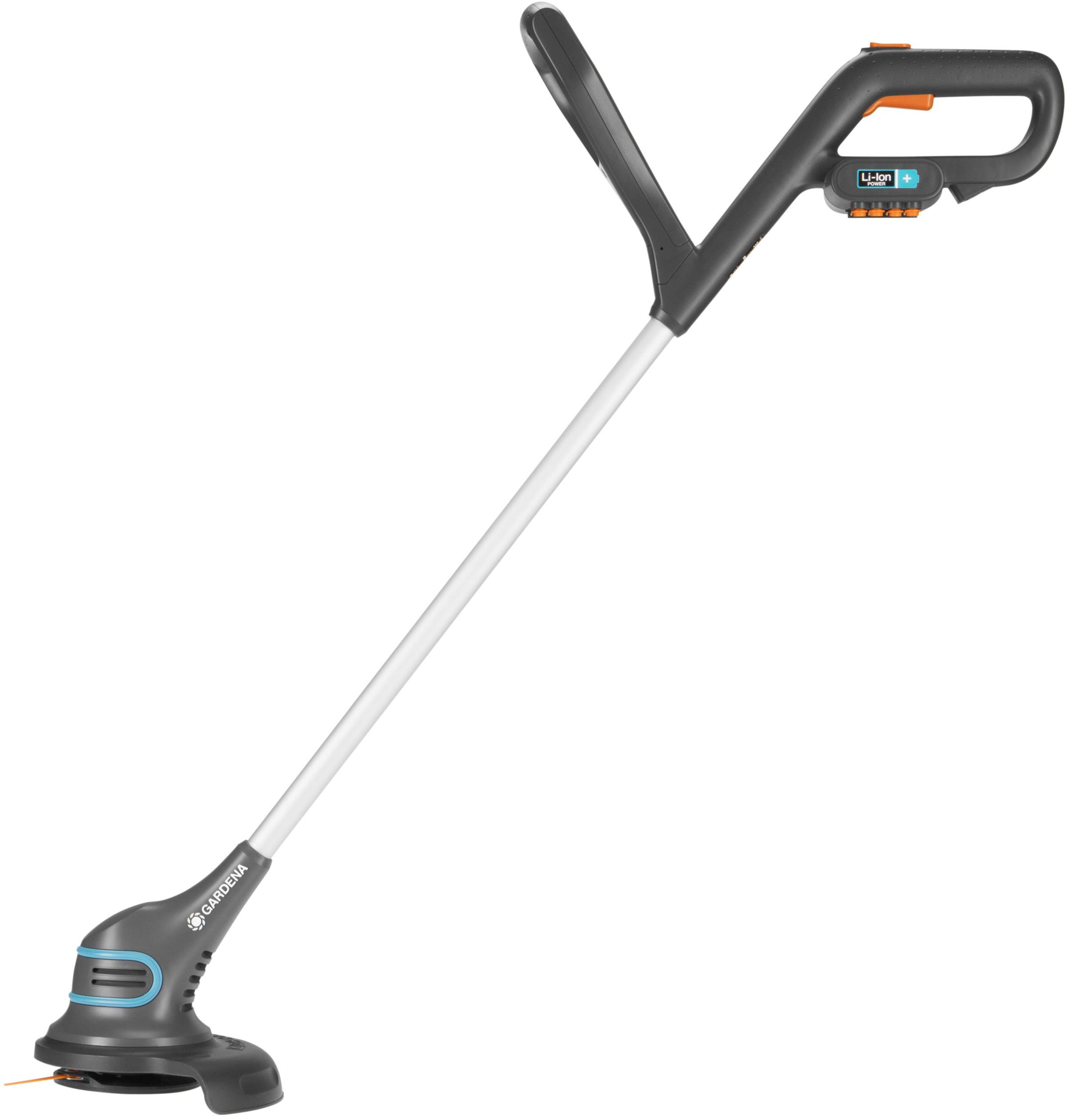 Schnurloser Rasentrimmer mit ergonomischem Griff und austauschbarer Lithium-Ionen-Batterie, geeignet für einfache Gartenarbeiten.